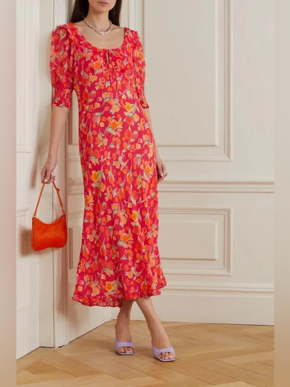 NWT - RIXO Sathya Ruffled Floral Georgette Midi Dress (2XL)